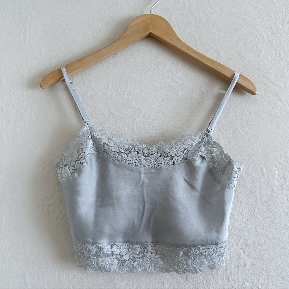 Brandy Melville Dionne Light Blue Satin Lace Trim Cropped Cami Top
